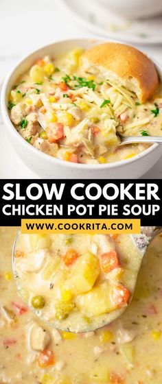 a bowl of creamy chicken soup with a spoon in it and the text overlay reads easy creamy chicken soup