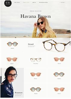 the website for glasses is displayed in several different colors and sizes, including brown, blue,