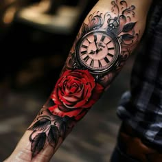 Meaningful Tattoos For Men Tattoo Outlines Upper Half Sleeve Tattoos, Pocket Watch Tattoo Design, Art Of Expression, Colorful Sleeve Tattoos, Dark Roses Tattoo, Meaningful Tattoos For Men, Watch Tattoo Design, Men Tattoo, Forearm Sleeve Tattoos