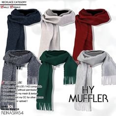 four different colors of scarves with fringes on each one and the words, hy muffler