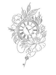 a drawing of a clock with flowers on it and a key hanging from the side