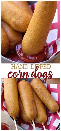 two pictures of corn dogs with ketchup on them