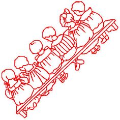 a line drawing of three people on a stretcher being assisted by an adult and child