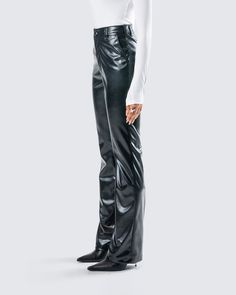 From dinner to the club, nothing beats a pair of black vegan leather pants 🖤 With a high waist and straight leg - these pants will be your new go-to for a versatile and chic look 🤩 Pants Runway, Vegan Leather Pant, Fuzzy Skirt, White Corset Dress, Denim Pleated Skirt, Vegan Leather Pants, Red Mini Skirt, Chain Dress, Rhinestone Top