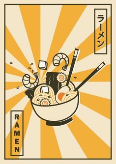 an illustration of ramen in a bowl with chopsticks and sushi on it