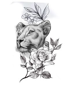 a drawing of a lion with flowers on it's head