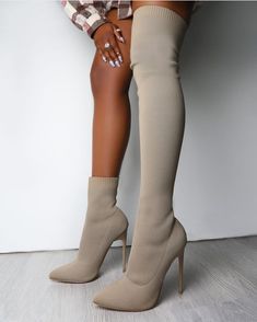 Heel Type: Thin HeelsBoot Type: Stretch BootsShaft Material: Cotton FabricSeason: WinterUpper Material: Cotton FabricBoot Height: Over-the-KneeToe Shape: Pointed ToeItem Type: BootsHeel Height: Super High (8cm-up)Closure Type: Slip-OnFit: Fits true to size, take your normal size Knit Boots Outfit, Winter High Heels, Get Hotter, Knitted Boots, Gold Wedding Shoes, White Shoes Men, Shoes Beige, Heels Dress, Boots High Heels