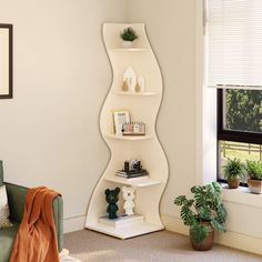 a corner shelf in the corner of a living room