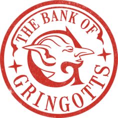 the logo for the bank of gringotts is shown in red and white