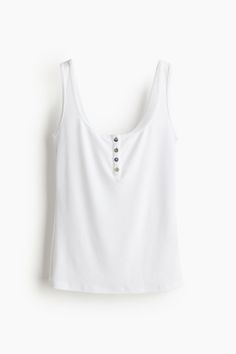 Fitted tank top in ribbed jersey with a short button placket at front. Fitted Vest, Fitted Tank Top, Summer Basics, Baby Outerwear, Suits And Jackets, Maternity Swimwear, Button Top, Blazer With Jeans, Workout Tank Tops