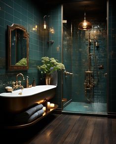 a bath room with a sink and a stand up shower next to a wooden floor