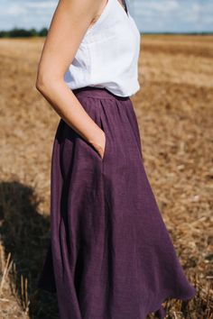 Prague Skirt Wide Linen Skirt Long Linen Skirt Boho | Etsy Skirts For Wide Hips, Purple Tiered Skirt With Elastic Waistband, Casual Purple Skirt With Elastic Waistband, Casual Purple Skirt With Pockets, Purple Flowy Skirt With Elastic Waistband, Casual Purple Flowy Skirt, Casual Purple Midi Skirt, Purple Pleated Maxi Skirt, Purple Relaxed Lined Maxi Skirt