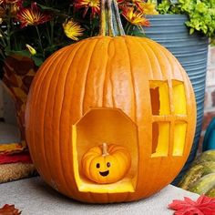 a pumpkin shaped like a house with a cat in it