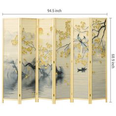 Unveil tranquility with a 6-panel freestanding wooden room divider, adorned with a sunset waterscape inspired by traditional Asian art. Its six foldable panels, linked by dual-action metal hinges, effortlessly adapt to any space, folding down for convenient storage. The woven bamboo paneling showcases a double-sided autumn scene with a ginkgo biloba tree, blue flycatcher birds, a lone sampan fisherman, and a setting sun over foggy waters and mountains. The solid pine wood frame, finished in neut How To Divide A Room Ideas, Japanese Zen Room, Victorian Room Divider, Gingko Biloba Tree, Massage Room Design, Folding Screen Room Divider, Gingko Biloba, Bamboo Room Divider, Asian Artwork