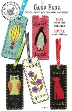 Good Book Pattern by Black Mountain Needleworks Crafty Bookmarks, Felted Bookmarks, Bookmark Pattern, Book Marker, Felt Bookmark, Felt Books, Sewing School, Wool Embroidery, Felt Embroidery