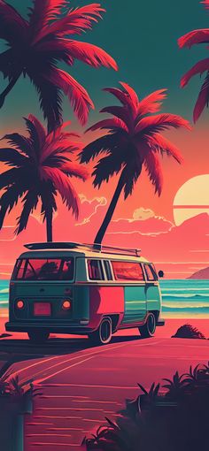 a van parked on the side of a road next to palm trees in front of a sunset