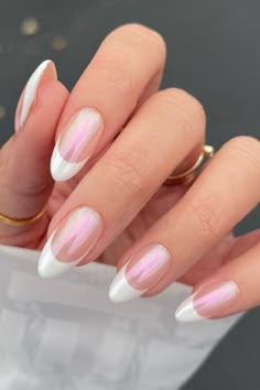 Oval Nails For School, Eridesint Nails, Basic Pink And White Nails, Irridecent Design Nails French, Senior Pic Nail Ideas, Beach Wedding Nails Bridesmaid, Maternity Photo Nail Ideas, Simple Nail Inspo Trendy Short Almond, Maternity Photo Nails