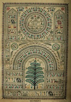 an intricately designed wall hanging with animals and trees