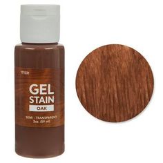 a bottle of gel stain next to a white background with a brown circle around it