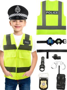 a young boy wearing a police uniform and accessories