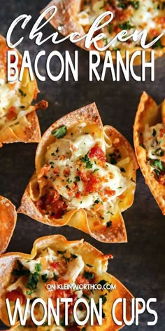 cheesy baked bacon ranch wonton cups with text overlay