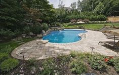 a backyard with a swimming pool surrounded by landscaping