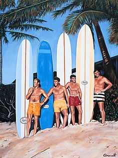 three men standing in front of surfboards on the beach with palm trees behind them