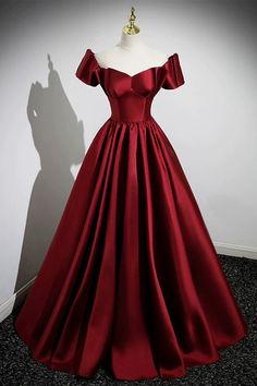 A-Line Burgundy Satin Floor Length Prom Dress Outfits For Girls Red Satin Prom Dress, Prom Dress Off The Shoulder, Prom Dresses Off The Shoulder, New Party Dress, Floor Length Prom Dresses, Burgundy Prom Dress, Prom Ideas, A Line Prom Dresses, Satin Prom Dress