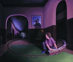 a painting of a person sitting on a train track in a room with purple walls