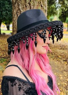 "Welcome to Witchwood's brand new hat line! These wide brim hats are made of sturdy vegan felt and are all hand printed.   Vegan Felt Size: 22.5\" (but size is adjustable and can be sized down, inside the hat) Brim - choice of 2 sizes - regular wide brim (2.5\" wide) or XL brim (3.75\" wide) Hat Color - Black" Black Fitted Witchy Hat, Fitted Black Witchy Hat, Black Brimmed Hat For Halloween, Black Brimmed Halloween Hat, Black Hat For Festivals, Black High Crown Hat For Halloween, Adjustable Short Brim Fedora For Halloween, Black Witchy Hat With Curved Brim, Black Witchy Brimmed Hat