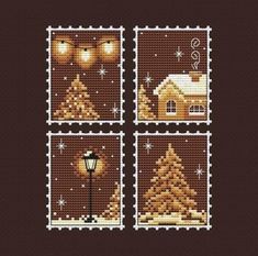 four cross stitch pictures with christmas trees and lights in the snow, on brown background