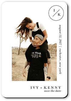 a man carrying a woman on his back in the middle of a photo with an i v and kenny save the date sticker