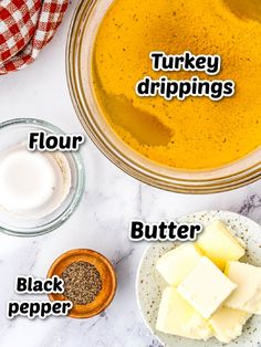 the ingredients to make turkey dippings are shown in bowls