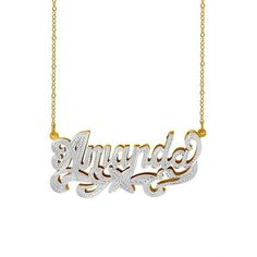 This double-plate nameplate necklace is a standout 3D design that jumps from its setting creating dimension and drama. A stylish script spells out your, or the lucky recipient of this gift\'s, name, up to 12 characters. Your personalization is highlighted by a textured, diamond accented tail that swirls below and above each letter. Hand crafted using 14K Gold over Sterling Silver and fastened to an 18" Link Chain, this double-plate nameplate necklace is a striking piece of name jewelry, especial Picture Pendant, Photo Locket Necklace, Nameplate Necklace, Family Jewellery, Photo Necklace, Cross Chain, Heart And Key, Photo Locket, Name Jewelry