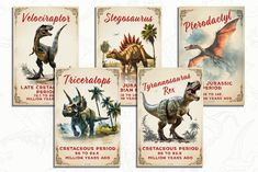 four dinosaurs are shown in this set of three vintage style posters, each featuring different types of dinosaurs