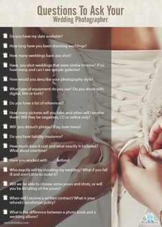 a poster with the words questions to ask your wedding photographer