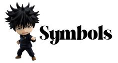 an anime character with black hair is standing in front of a white background and the words symbols