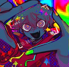 a digital painting of a person holding a cell phone up to their face with colorful squares in the background