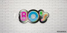 the word boom written in colorful letters on a white brick wall with an abstract pattern