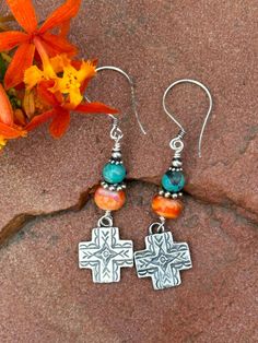 Sterling Silver Southwestetn Cross Dangle Earrings, with Spiny Oyster and Turquoise. Southwest Summer Boho!  on Sterling Earwire. 2.5 inches long Bohemian Multicolor Hypoallergenic Jewelry, Southwestern Silver Earrings With Natural Stones, Southwestern Nickel-free Jewelry As Gift, Nickel-free Southwestern Style Jewelry As Gift, Nickel Free Southwestern Jewelry For Gift, Nickel-free Southwestern Style Jewelry For Gift, Nickel-free Southwestern Jewelry For Gift, Southwestern Turquoise Nickel-free Jewelry, Southwestern Nickel-free Turquoise Jewelry