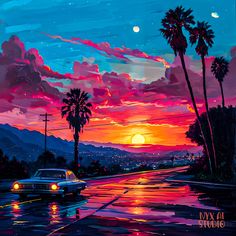 a painting of a car driving down the road at sunset with palm trees in the background