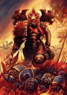 an image of a warhammer with flames and armor on his back, in the middle of