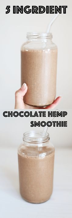 the ingredients for chocolate hemp smoothie in a mason jar with text overlay that reads, 5 ingredient chocolate hemp smoothie