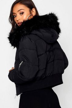 Puffer Jacket With Fur, Short Puffer Jacket, Biker Shorts Outfit, Fur Hood Jacket, Cropped Coat, Fur Hood Coat, Petite Coat, Black Puffer Jacket