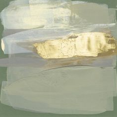 an abstract painting with gold and white colors on the bottom half of it, in shades of green