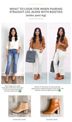 Let’s talk about how to wear booties with different cuts of jeans. With denim trends shifting, I know a lot of you are trying to figure out how to make jeans work with booties all over again, so here we are! Jeans Ans Booties, Boots Cropped Jeans, How To Wear Cropped Jeans In The Winter, Booties With Straight Leg Jeans, Straight Leg Jeans With Booties 2022, Wedge Booties With Jeans, Jeans And Booties, Jeans And Booties Outfit, Cropped Wide Leg Jeans Outfit Fall