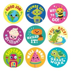 six stickers with different designs on them, including one for children's birthdays