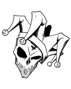 a black and white drawing of a skull on a skateboard with two hands in the air