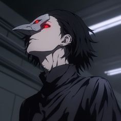 an anime character with red eyes staring at something