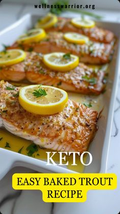 keto salmon with lemons and parsley on the side in a white serving dish